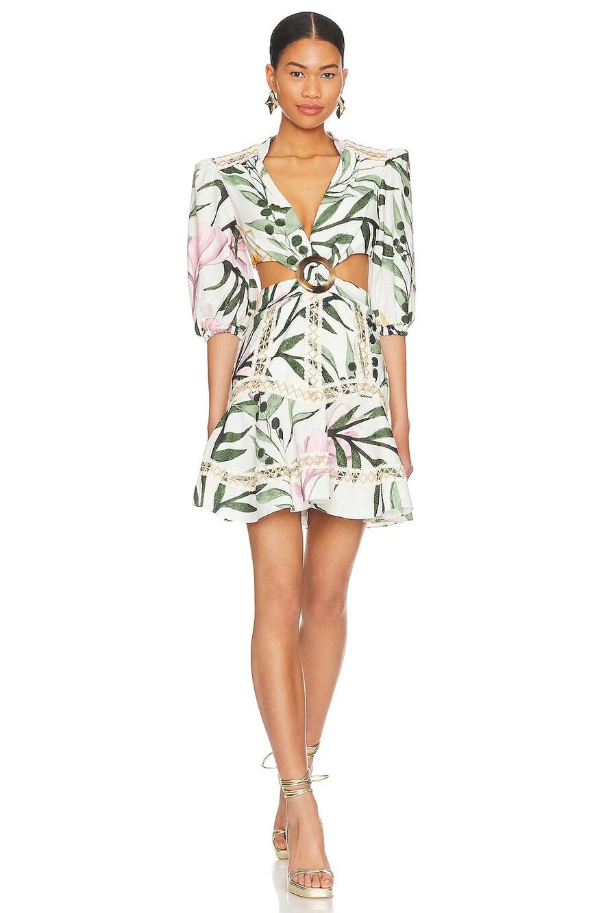 PatBO Jasmin Cutout Ring Detail Puff Sleeve Mini Dress Tropical Floral White 6